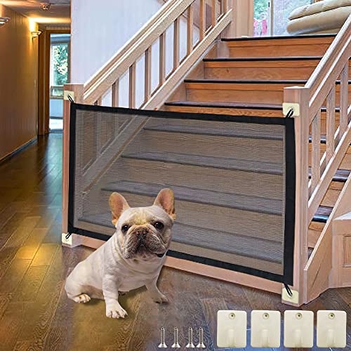 Barrière de Sécurité Chien Hillylolly 114 x 77 cm Barriere Chien, Porte Magique pour Chiens, Barriere Chien sans Percage, Barriere Animaux Retractable, Barrière pour Chien/Chat/Bébés (Maille Fine)