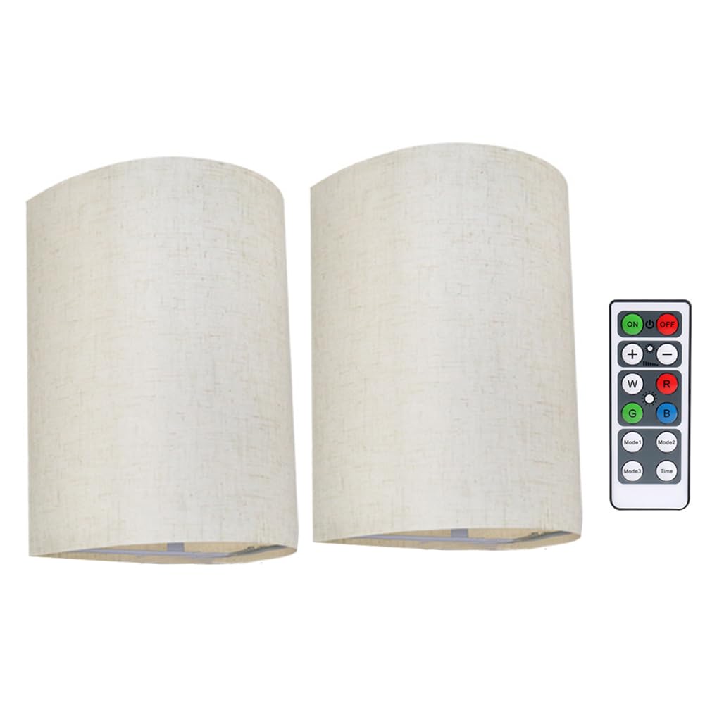 CTRLZS Rechargeable Wall Sconce Set RGB Colors Dimmable with Fabric Linen Shade and Remote, Lighting 2Pcs
