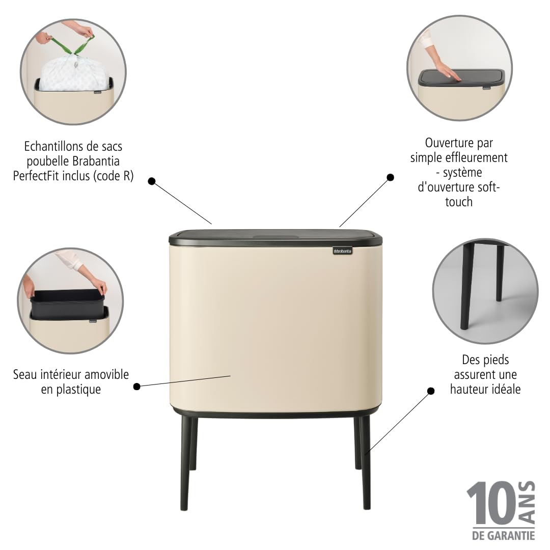 Brabantia - Bo Touch Bin 36L - Grande Poubelle pour la Cuisine - Ouverture Soft-Touch - Seau Intérieur Amovible - Antidérapant - Recyclage Facile - ses Sacs Inclus - Soft Beige - 54 x 31 x 68 cm