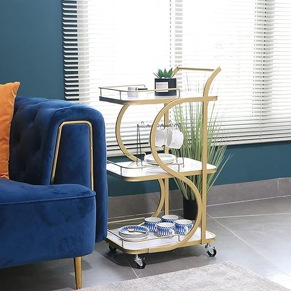 Modern Art Deco Bar Cart with Wheels, Gold Metal Frame, Black Glass Shelves, Rolling Serving Trolley for Wine and Drinks (Gold White)-image-34