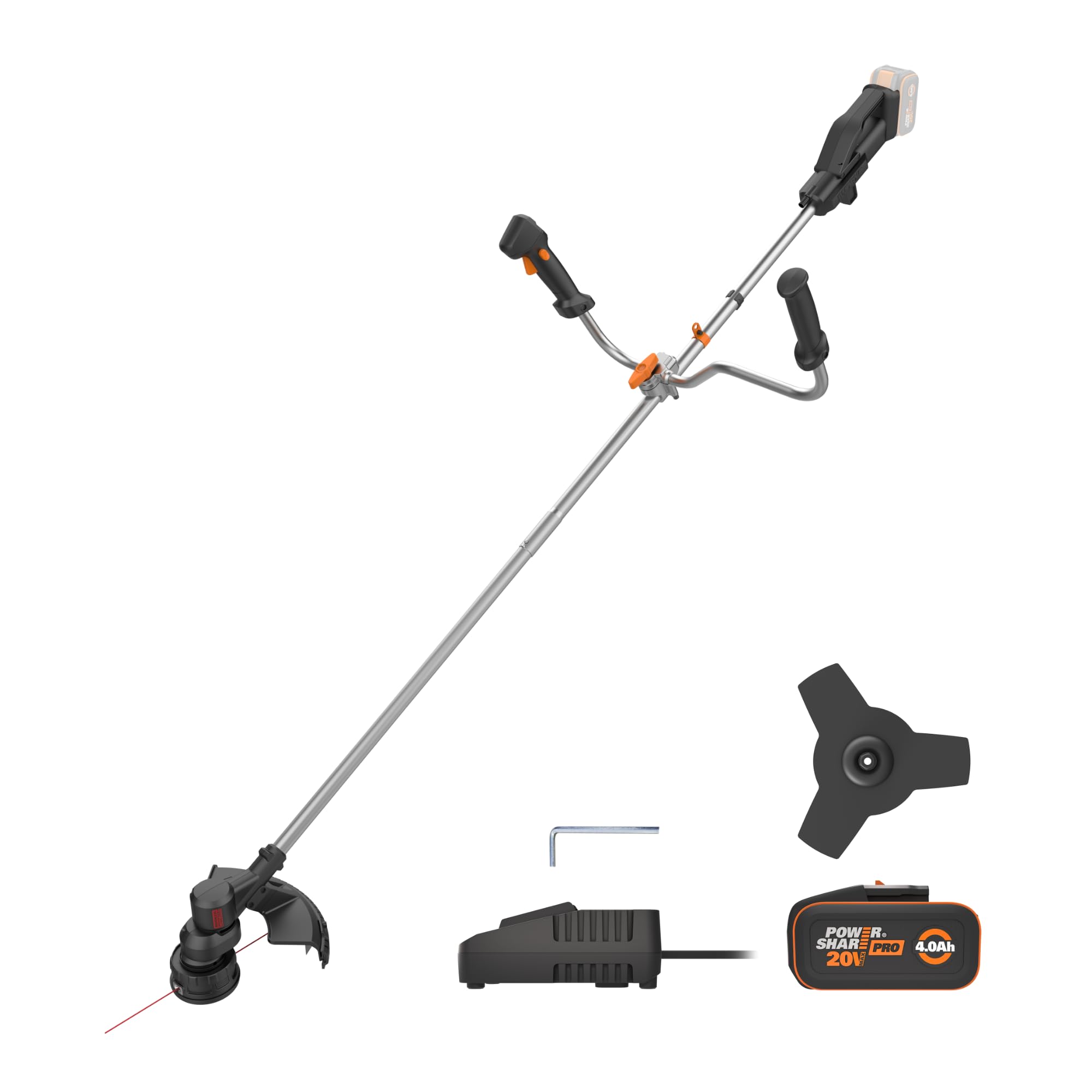 WORX WG082E,9 Decespugliatore 20V da 30 cm / 25,5 cm, pesa solo 4,1 kg, fino a 65 minuti di autonomia con una singola carica, motore brushless, 1 batteria da 4,0 Ah inclusa, PowerShare