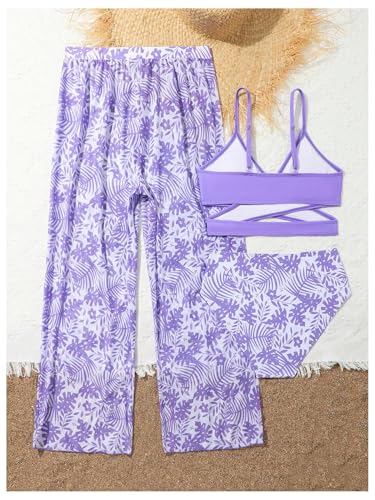 Verdusa Girl's 3 Piece Floral Bikini Sets Criss Cross Swimsuit Bathing Suits with Cover Up Pants2