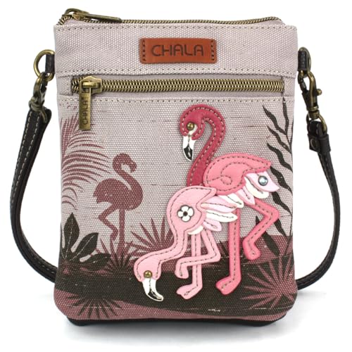CHALA Double Pocket Xbody Women RFID Protected Canvas Crossody Purse with Adjustable Strap - Flamingo Group - gray