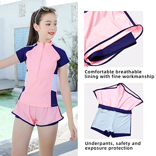 Image of Girls Swimsuits, Kids Two-Piece Rashguard Swim Set Bathing Suits Beach Shorts Swim Shirts Size 6-7,8,10-12,14-16