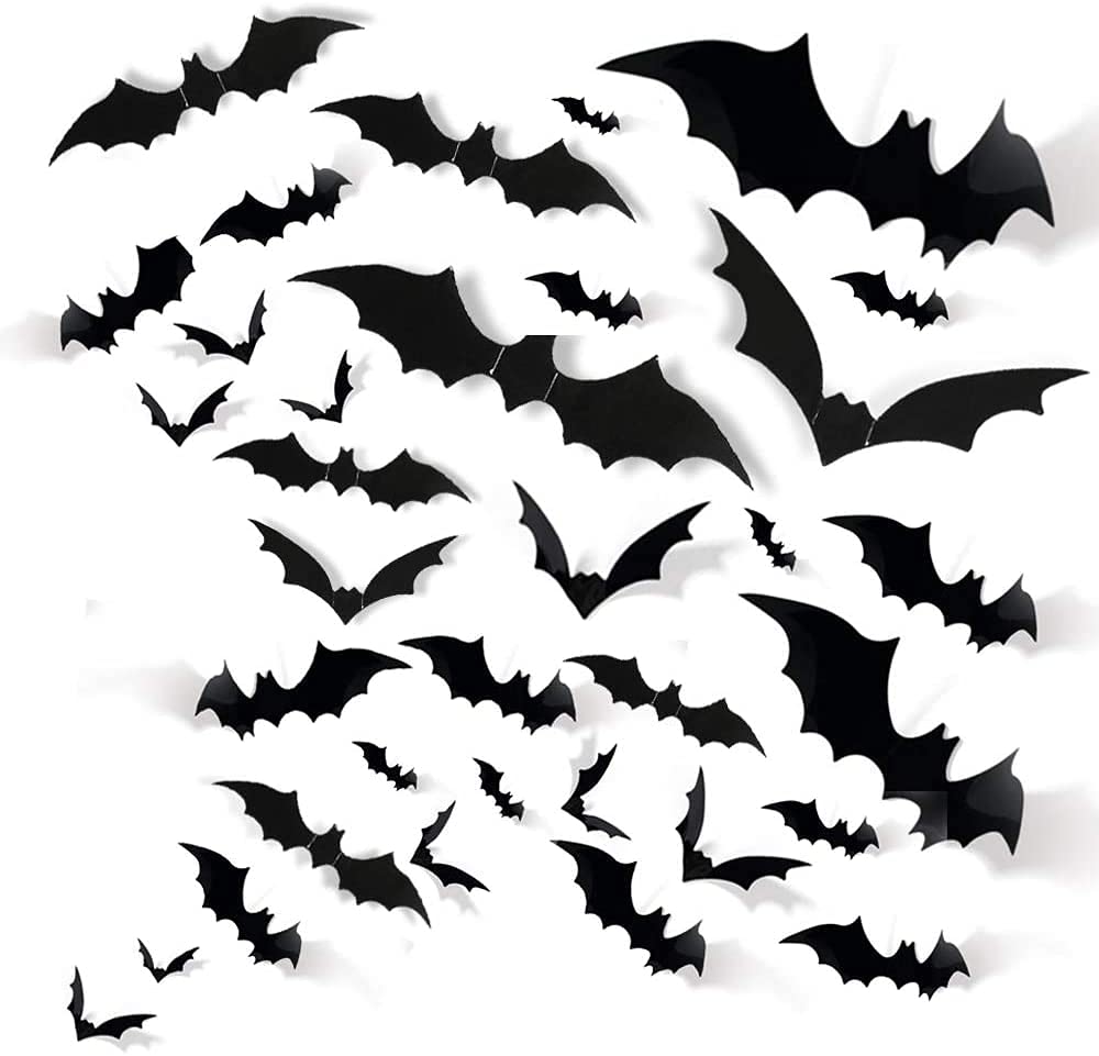 Alnicov Black 48 Pcs Halloween 3D Scary Bat Stickers,Pvc Bat Wall Decals For Home Window Decor Halloween Eve Party Supplies,Assorted Size