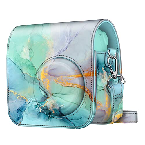 Fintie Protective Case for Fujifilm Instax Mini 7+ Instant Camera - Premium Vegan Leather Bag Cover with Removable Adjustable Strap Emerald Marble