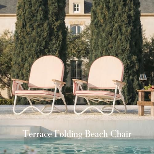 Image of Padded Low Beach Chair, 4-Position Folding Outdoor Chair with Wooden Armrests, Cushioned Seat, Storage Pouch & Carry Strap for Beach, Patio and Lawn, Harbour Rose Pink