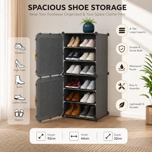Image of Mevigo 6-Tier Shoe Rack with 2-Doors| Holds 12-Pairs |Waterproof & Dustproof Modular Plastic Shoe Cabinet| Foldable Stackable Shoe Organizer with Metal Frame |Space Saving Storage for Home,Entry Way