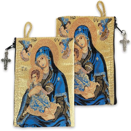 Image of Catholic Rosary Pouch, Saint Joseph and Baby Jesus & Madonna and Child, 4 inch x 6 inch Jewelry & Coin Purse with Cross, Small Woven Tapestry Icon Bag, Bolsa de Rosario Catolico para Joyeria