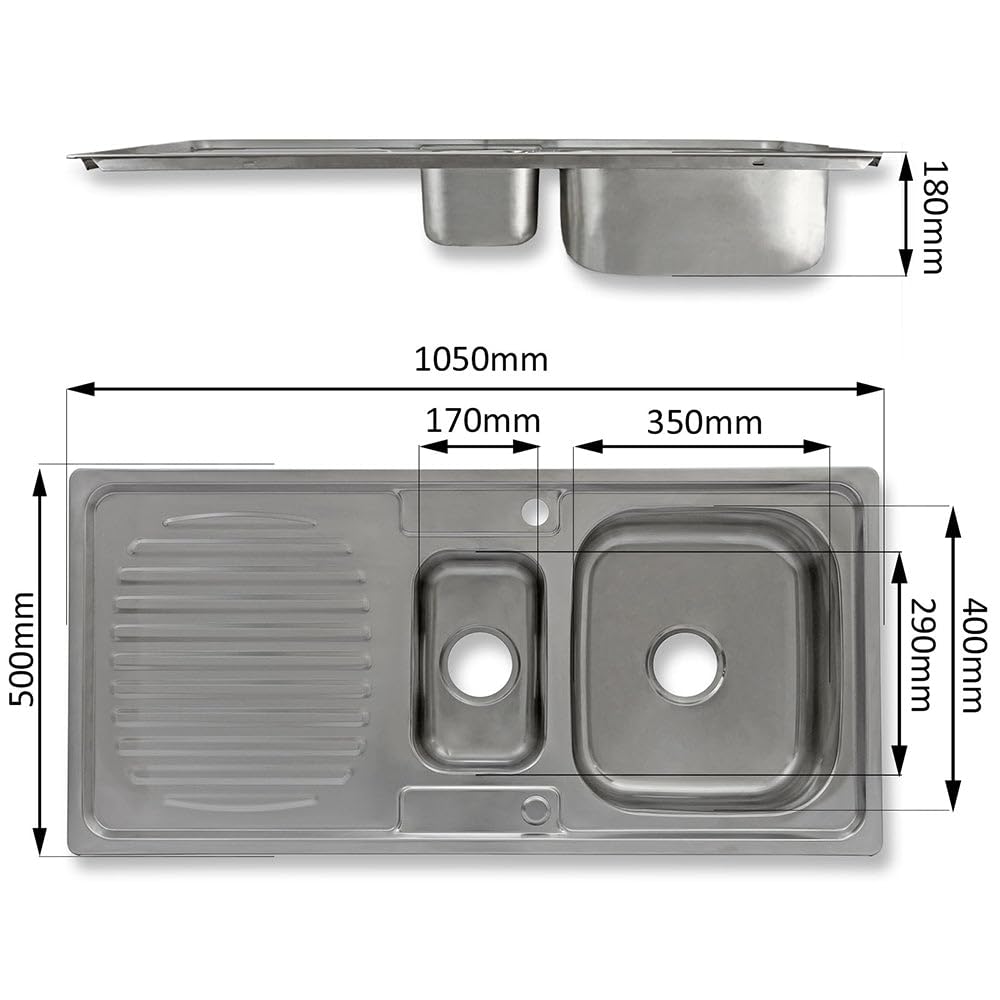 Fregadero de Cocina 1 Seno+Escurridor Sobre Encimera en Acero Inoxidable 105x50cm con Grifo Padstow+Kit para Drenaje y Fontanería GRATIS Lavaplatos Pila Cocina 1 Seno+ Escurridor para Lavar Platos