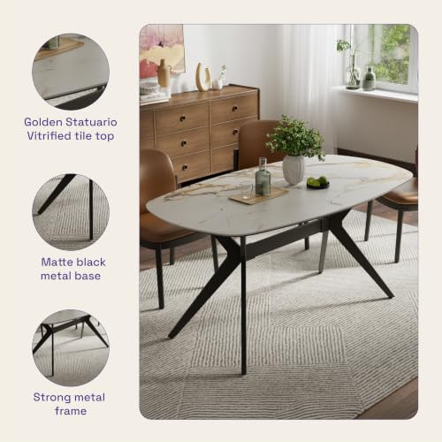 Image of Wakefit Baklava Dining Table - Golden Statuario - 6 Seater I Marble Finish I Vitrified Tile Top I Golden Statuario