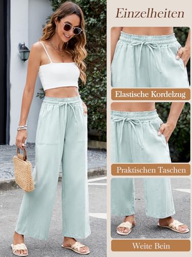 HAPYWER Leinenhose Damen Weites Bein Sommerhose Leichte Strandhose Palazzo Hose Lang Stoffhose High Waist mit Gummizug Palazzo Strandhose mit Taschen(HellGrün,XL)
