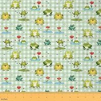 Feelyou Frog Fabric by The Yard 1 Yard Cute Cartoon Frog Decorative Waterproof Outdoor Fabric for Kids Teens Green White Stripe Upholstery Fabric for Chairs Nature Fabric for Home DIY Projects