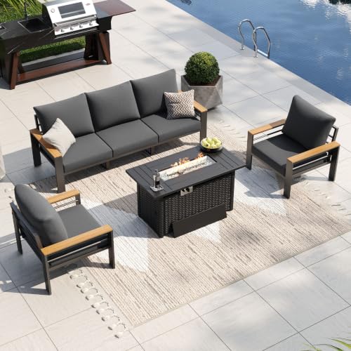 Image of Aoxun Patio Furniture Set, Aluminum Patio Set with Fire Pit Table and 5 inch Thicken & Washable Cushion, Waterproof Outdoor Furniture, Outdoor Couch Sectional for Backyard (5 Seats /F, Dark Grey)