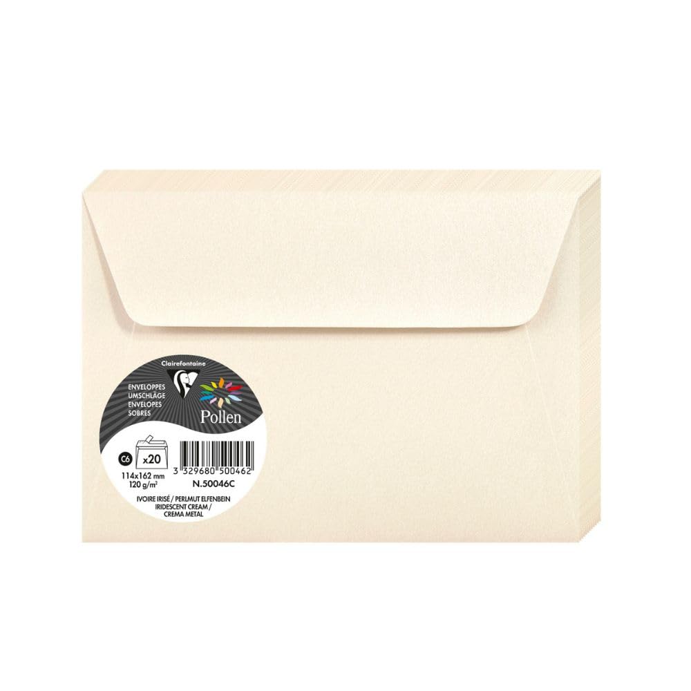 Clairefontaine 50046C Iridescent Cream Paper Pack of 20 Self-Adhesive Envelopes C6 11,4x16,2cm 120g Invitation Events Correspondence Pollen Range Premium