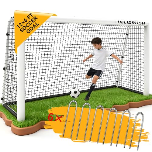 HELIORUSH Football Goal for Garden 12 x 6 ft Heavy Duty 60mm Galvanised Steel Frame Goal Posts 1000D Wear-Resistant Football Net with Tool-Free Quick Assembly for Kids & Adults Training