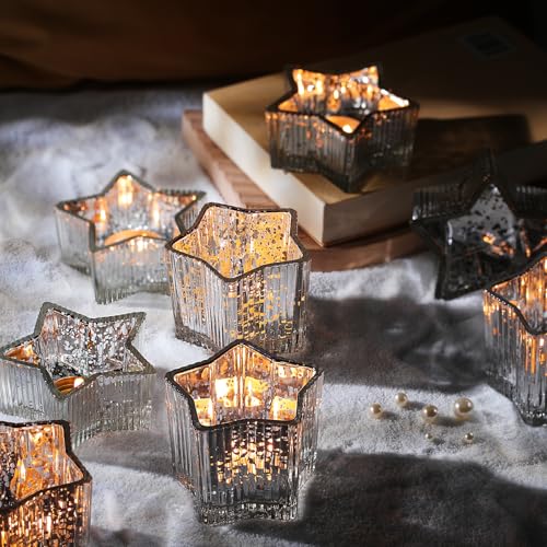 Letine 10pcs Silver Ribbed Star Candle Cups - Assorted Height Tea Light Holders, Votive Candle Holders for Thanksgiving Table Decor, Mercury Glass Lucky Star Jar Decor(Tall 2.44