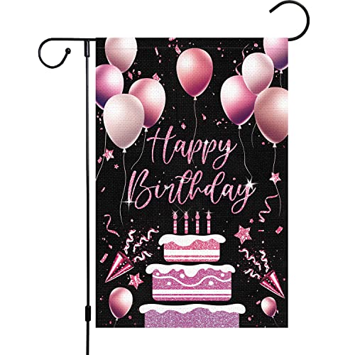 Happy Birthday Garden Flag Balloons Pink Birthday Cake Yard Flags 12X18 Inch Double Sided Burlap Banner For Farmhouse Outdoor Prime Birthday Party Celebration Decoration(Only Flag) #TOP17