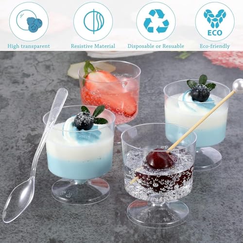 HawHawToys Mini Dessert Cups 2 Oz Clear Plastic Dessert Cups with Spoons,Pedestal Clear Plastic Wine Glasses Parfait Appetizer Cups Mousse Cups Serving Bowls for Tasting Party,Wedding,Birthday (60)