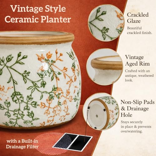 FLARINGEXTRA1 Vintage Ceramic Flower Pot, 9in, with Drainage & Filter — view 3