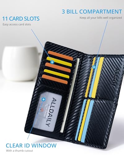Alldaily Bifold Slim Long Wallet for Men RFID-Blocking Thin Card Holder with ID Window, Faux Leather (Black)3