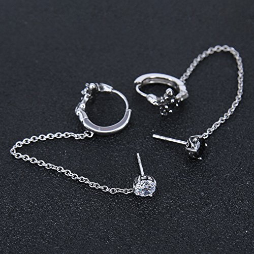 Cool Stainless Steel Cubic Zircon Hoop Earrings Stud Chain Punk Cartilage Earring For Double Pierced Ears (Cross(Black Stone)) #TOP2