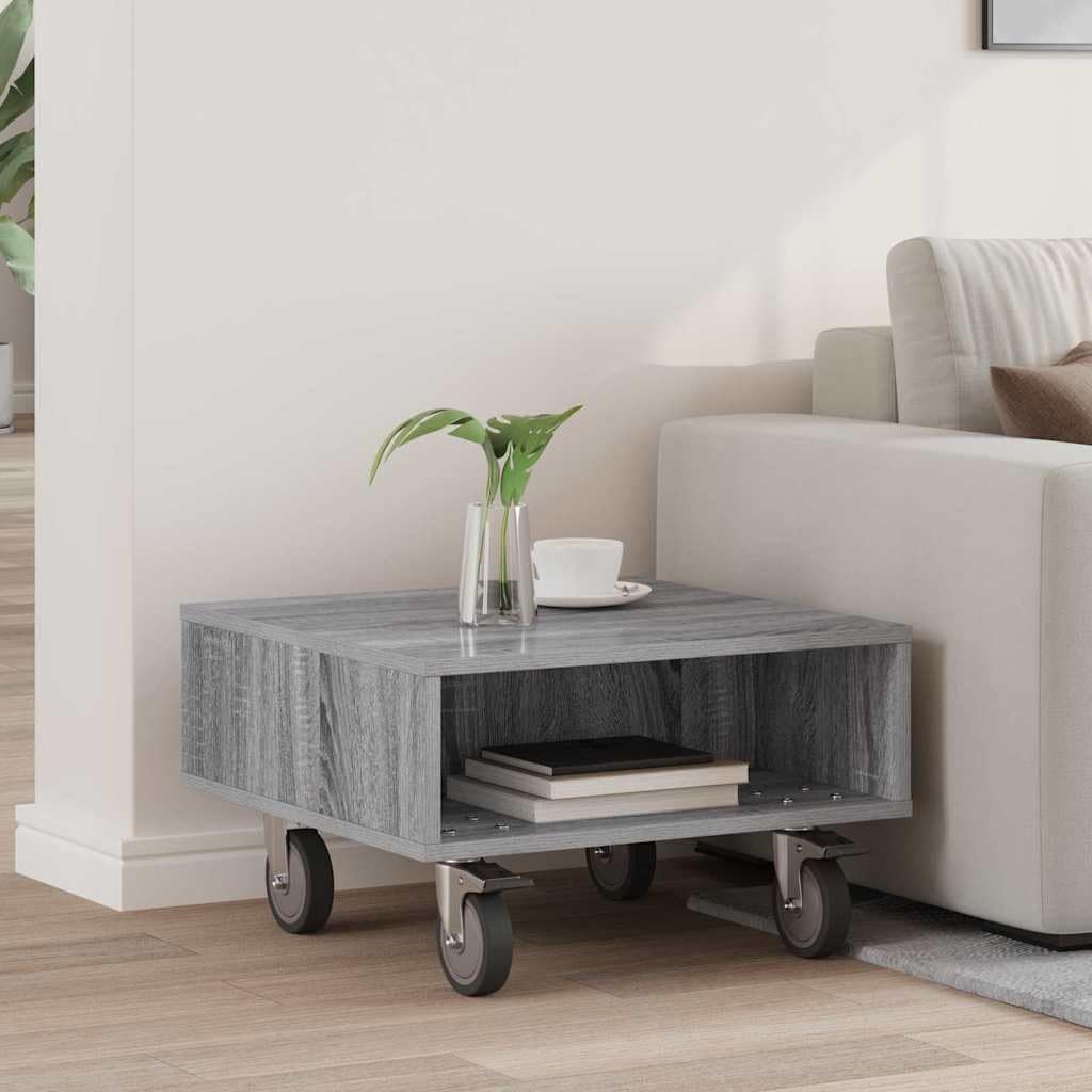 Mesa auxiliar con ruedas Sonoma gris madera 50,5 x 50 x 30 cm con espacio de almacenamiento y ruedas para salón, dormitorio, oficina, sofá cama