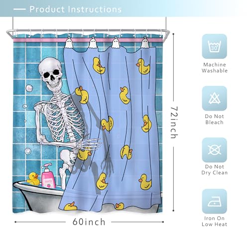 Riyidecor Funny Gothic Skull Shower Curtain 60Wx72H Inch Kids Spooky Skeleton in Bathtub Bathing Rubber Duck Cool Hilarious Modern Boys Bathroom Decor Fabric Polyester Waterproof 12 Pack Hooks by Riyidecor - Used condition - Image 5