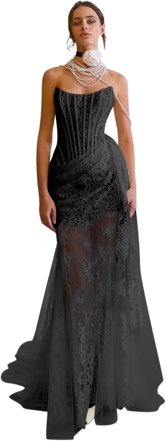 Zeeyecie Strapless Lace Applique Tulle Wedding Dresses 2025 Mermaid Bridal Gowns with Detachable Train for Brides