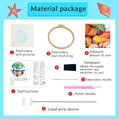 Image of ILYUFO Punch Needle Kits Adults Beginner DIY Dreamy Beach Style 8 in Hoop Embroidery Set Starter Punch Needle Tool for Art Crafts, Ideal for All Ages, Perfect Festival Decoration & Gift (Dream Beach)