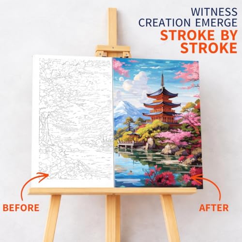 Image of Art Therapy Pcn24 Linen Canvas DIY Paint by Numbers Kit 15 x 20 Inch for with 2 Set of Acrylic Oil Painting Color Set with Brushes for Stress Relief & Home Decoration (Stillness of Sakura)