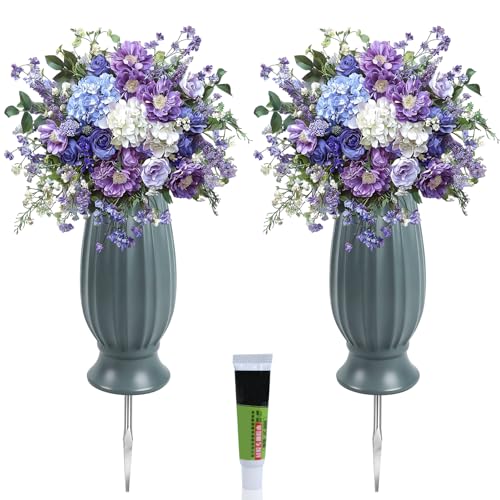 Niuny Vase Cimetiere Plastique 2Pcs Vase Funéraire pour Tombe Vases Cimetière Exterieur avec Piquet De Terre Vases pour Cimetiere avec Pics en Métal pour...