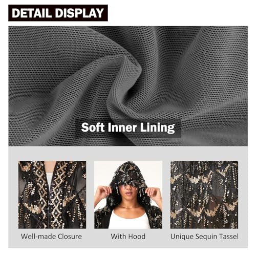Image of Sparkling Sequin Cardigan For Women - Long Kimono With Hood, Open Front Black Summer Duster