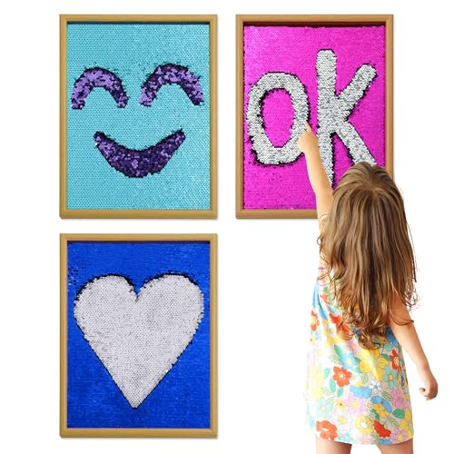 BALAPET 3 Packs Sensory Wood Wall Frame Sequin Flip for Kids,Reversible Sensory Wall Sequin Flip Fabric Mat Wall Hangings Decor,Sensory Wall Panel with Interactive Sensory Play Toy for Early Learn