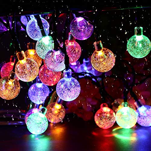 ENLACE Guirnalda de luces solares con bolas de cristal, multicolor, 6,5 m, 30 LED, 2,4 cm, 8 modos de iluminación, funciona con energía solar