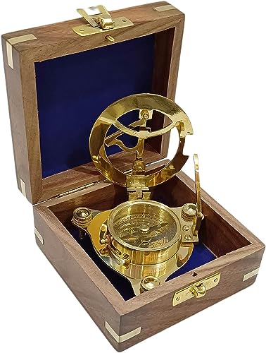 Decorative Vintage Sundial Shiny Brass Compass navigational Magnetic with Handmade Royal Look Solid Wooden Box
