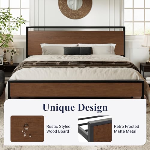 Image of Allewie King Size Bed Frame, Heavy Duty 12 Metal Slats Support, Walnut | Wooden Headboard and Footboard, Modern Platform Bed, No Box Spring Needed, Under-Bed Storage, Noise Free, Easy Assembly
