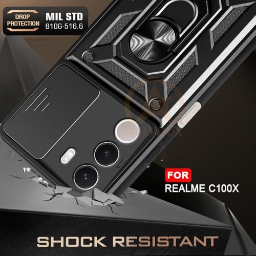 Image of Armor Bumper Back Cover Case for Realme C100X Rotating Camera Cover, Ring Holder & Kickstand | Heavy Duty & 360 Degree Protection Back Cover for Realme C100X (Black)