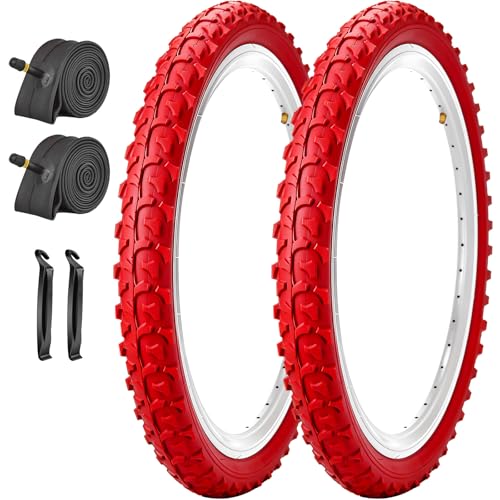 SIMEIQI 2 Pack 18x1.95 Inch Mountain Bike Tires and Tubes White with AV 32mm Valves for Kids Trail Off Road Bicycle Tyres Replacement Compatible for Wheel18/20x1.75/1.95/2.0/2.1 (Red 18x1.95)