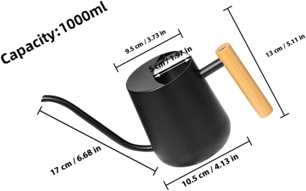 Toyvian Stainless Steel Handheld Watering Pot with Wooden Handle 1000ml Black Indoor Garden Watering Can for Flowers and Succulents