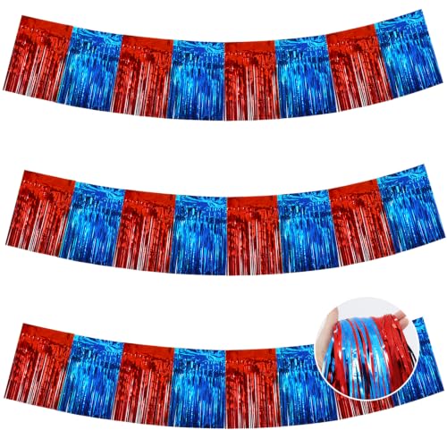 Image of BEISHIDA 3 Pack Red Blue Foil Fringe Garland 30ft Wall Tinsel Banner