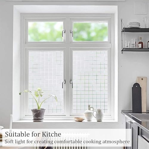 Image of WISDOM Window Privacy Film Stained Glass Window Clings Frosted Glass Film Decorative Sun Blocking Non-Adhesive Tinting Film for Home Office (16 X 96 INCH, Square Box Pattern)