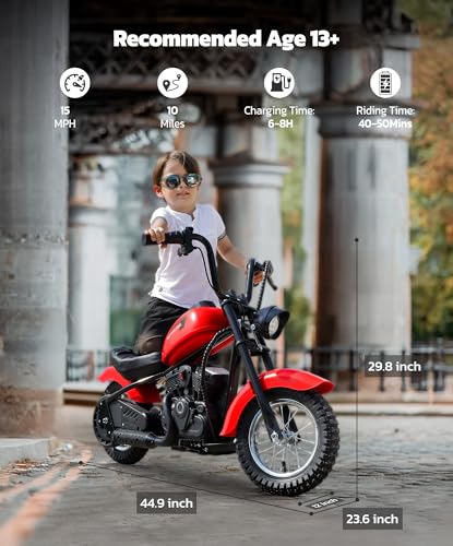 Image of ELEMARA Electric Dirt Bike, 15 mph & 150lb Max, 24V Ride on Toy for Big Kids w /LED Lights & Power Display,Chain-Driven Motor,Twist-Grip Throttle, Shock Springs,Handbrake,12 inch Air-Filled Tires-Red
