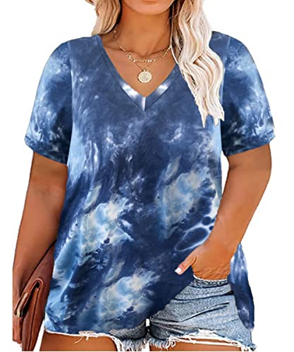 Image of RITERA Women Plus Size Tops Tie Dye V Neck Shirt Floral Camo Summer Short Sleeve Tunic Oversized Ladies Blouse XL-5XL