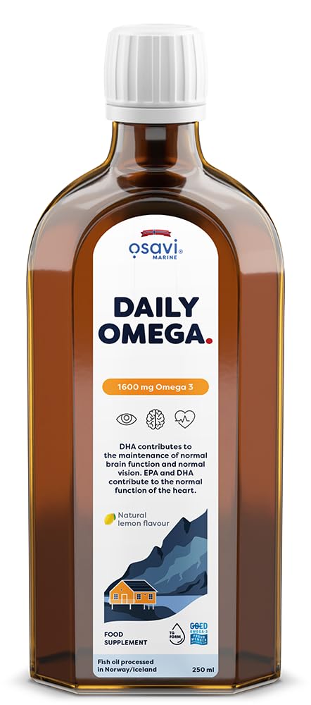 Osavi Daily Omega 1600 mg – 250 ml Oil | Omega–3 | Natural Lemon Flavor | Sustainable Wild Cod Oil from Norway with DHA & EPA for Brain, Heart & Vision Support | Highly Absorbable, Clean Label