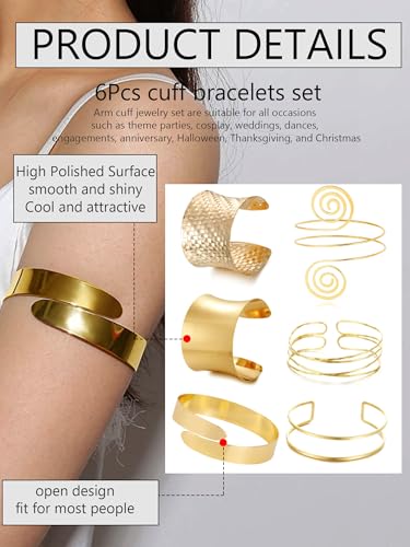 BROCC 6PCS Arm Cuff Upper Arm Band Gold Cuff Bracelets for Women Upper Arm Cuff Bangle for Women Adjustable Armband Set2
