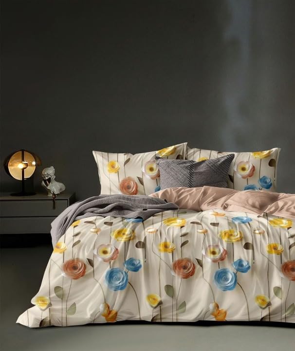 Homedy 7D Digital Printed Glace Cotton Bedsheet for King Size Bed (XXL) | 200 TC Premium Super King Size Flat Bedsheet (108 x 108 Inches) with 2 Pillow Covers (30 x 20 Inches) | Beige and Blue