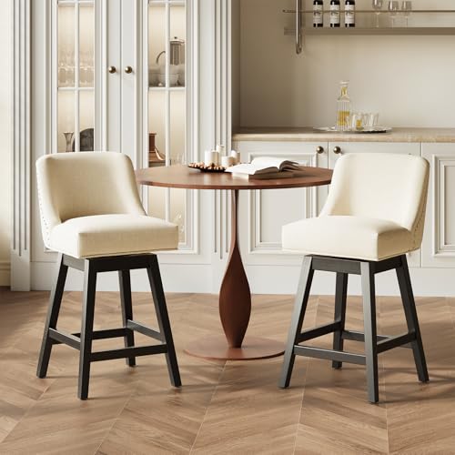 MALOL Butacas Giratorias para Barra, 27" de Altura para Cocina con Asientos Acolchonados y Patas de Madera Maciza, Butacas Tapizadas para Isla de Cocina, Rincón de Desayuno (Beige) miniatura 3