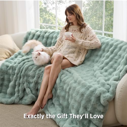 Image of Bedsure GentleSoft Bubble Faux Fur King Size Blanket for Bed, Fluffy Fuzzy King Blanket for Winter, Soft Cozy Faux Fur Bedding Thick Warm Plush Decor for Bedroom, Sage Green, 104x90