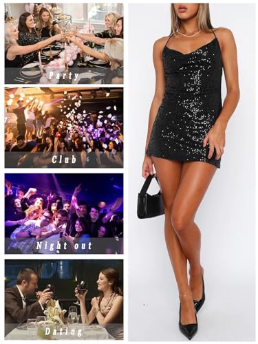 Image of MIYIEONZ Women's Sequin Sparkly Glitter Dress Sexy Sleeveless Backless Spaghetti Strap Party Club Bodycon Mini Dress